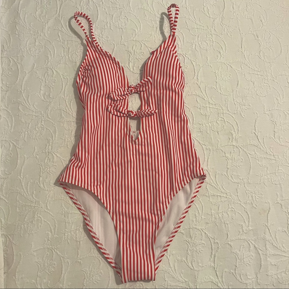 Xhilaration Women's Juniors' Front Tie One Piece Swimsuit - (Red Stripe)